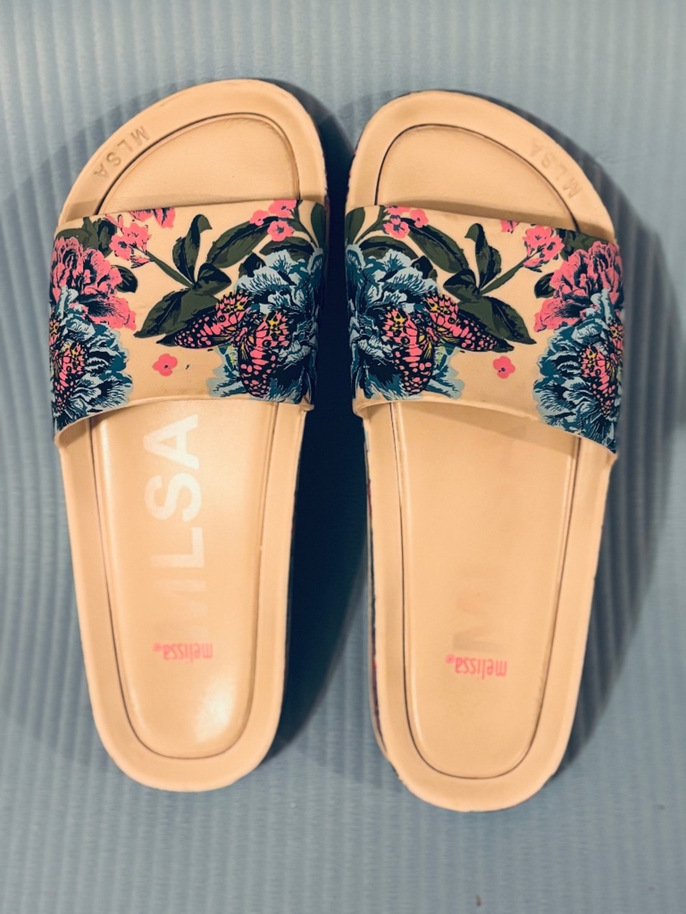 Mel by Melissa Blush/Blue Floral Slides Sandals Sz 9